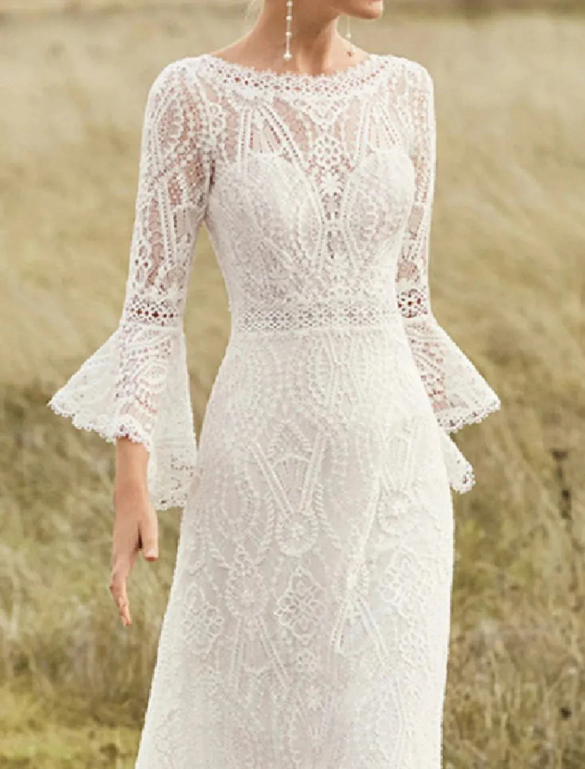 Beach Boho Wedding Dresses A-Line Scoop Neck Long Sleeve Sweep / Brush Train Lace With Lace Summer Wedding Party