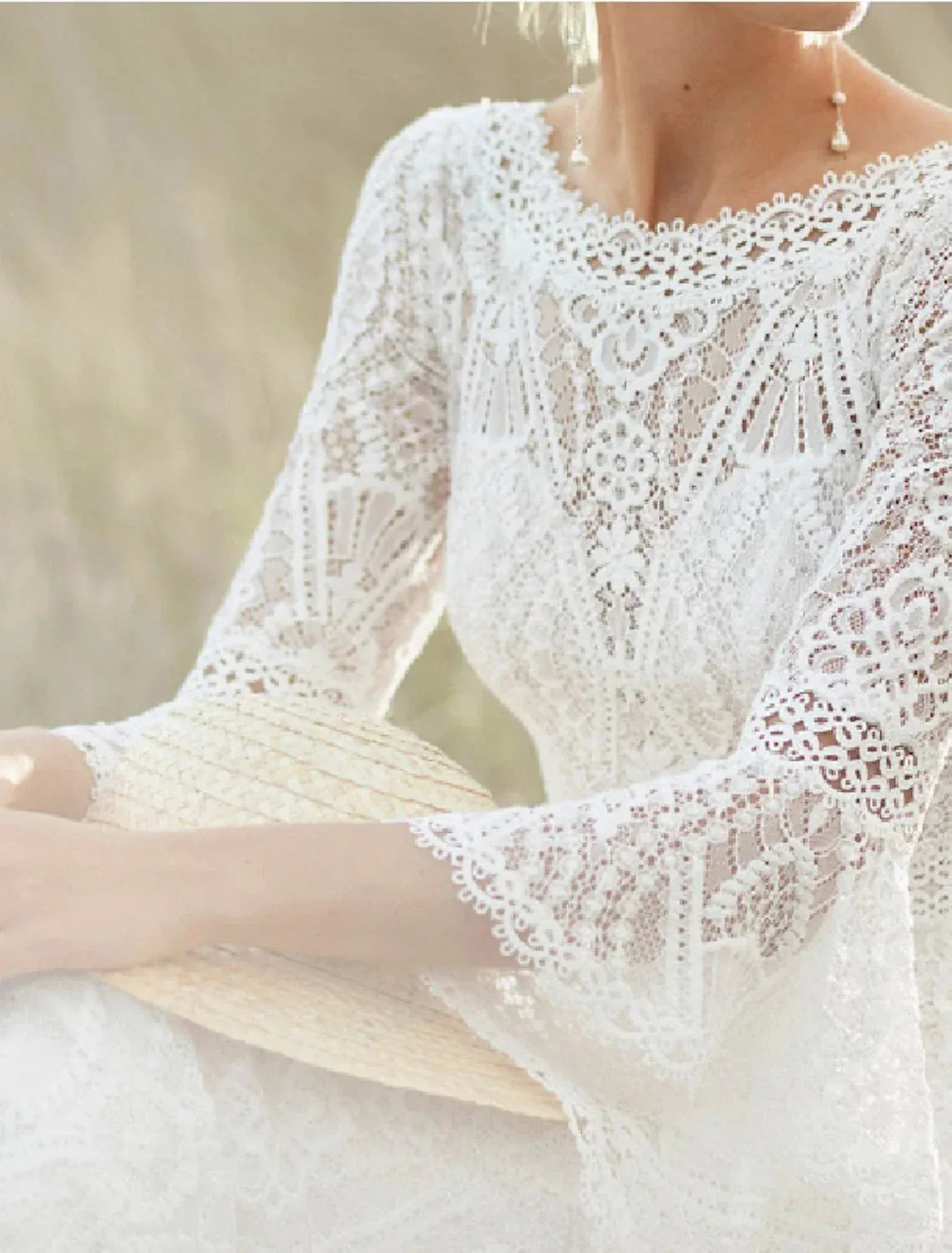 Beach Boho Wedding Dresses A-Line Scoop Neck Long Sleeve Sweep / Brush Train Lace With Lace Summer Wedding Party