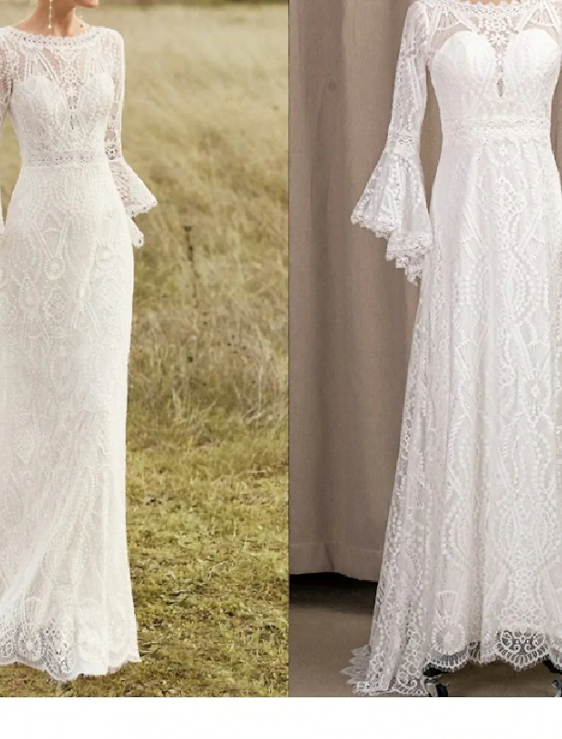 Beach Boho Wedding Dresses A-Line Scoop Neck Long Sleeve Sweep / Brush Train Lace With Lace Summer Wedding Party