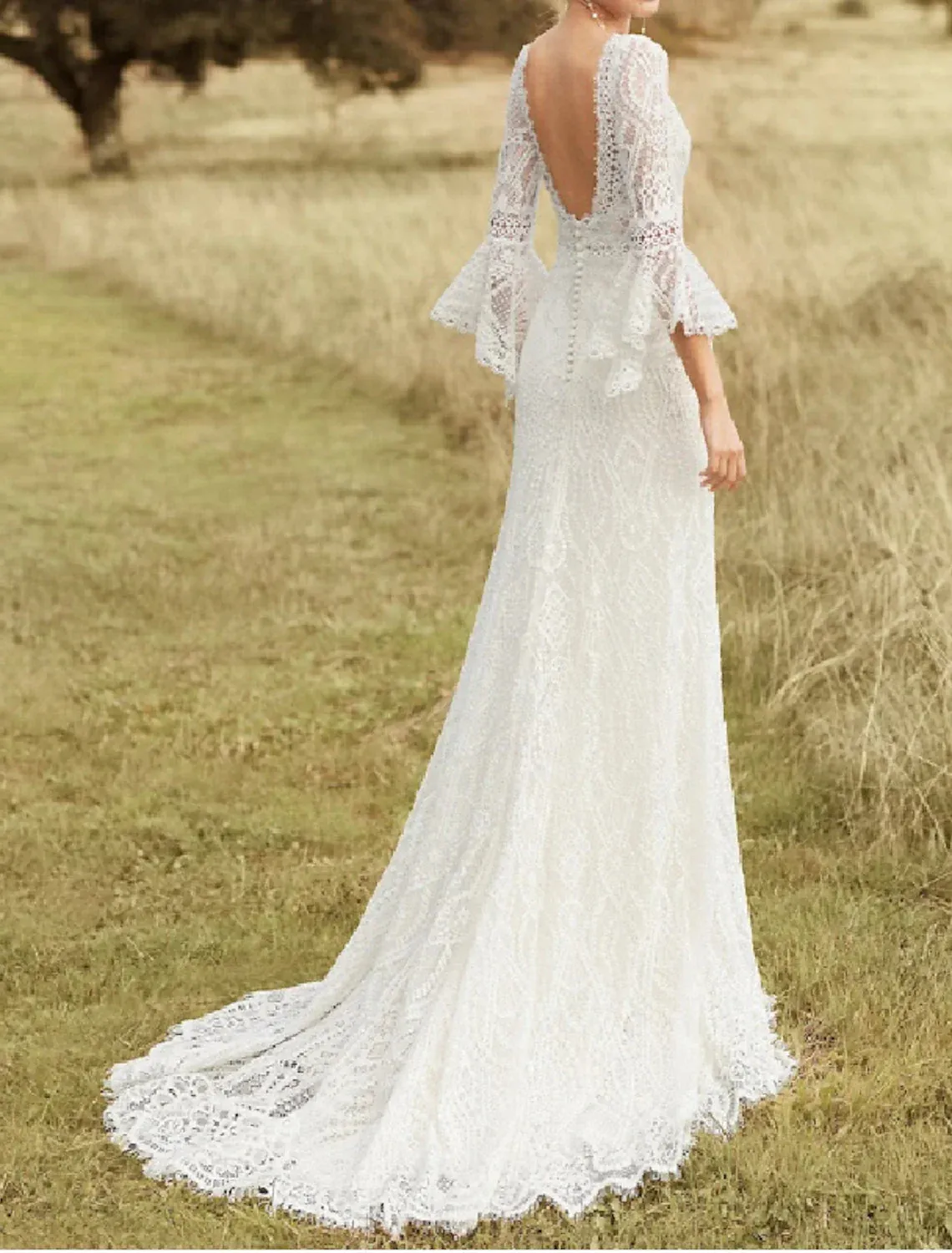 Beach Boho Wedding Dresses A-Line Scoop Neck Long Sleeve Sweep / Brush Train Lace With Lace Summer Wedding Party