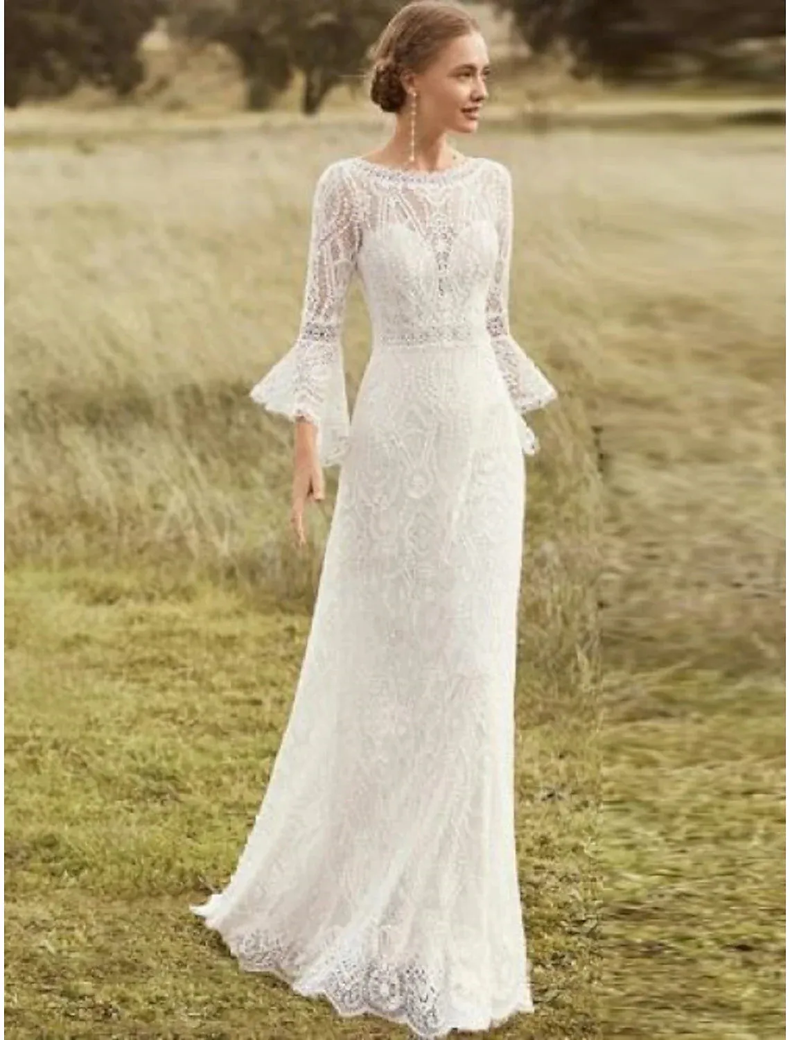 Beach Boho Wedding Dresses A-Line Scoop Neck Long Sleeve Sweep / Brush Train Lace With Lace Summer Wedding Party
