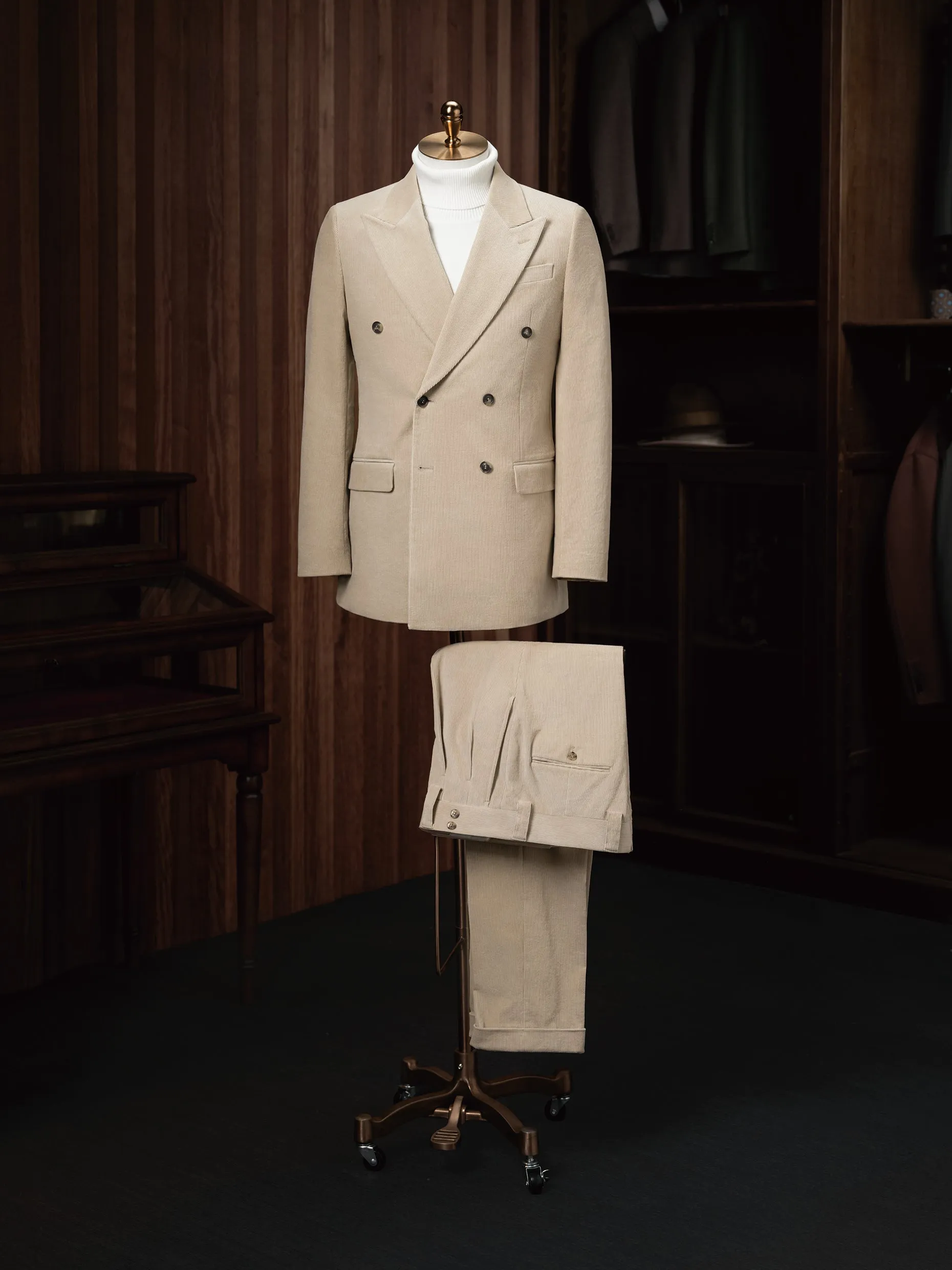 Beige Corduroy Double-Breasted Suit