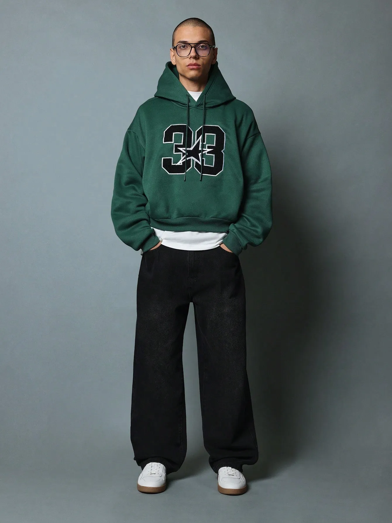 Crop Fit Overhead Hoodie With Towel Applique Embroidery & Drawstrings