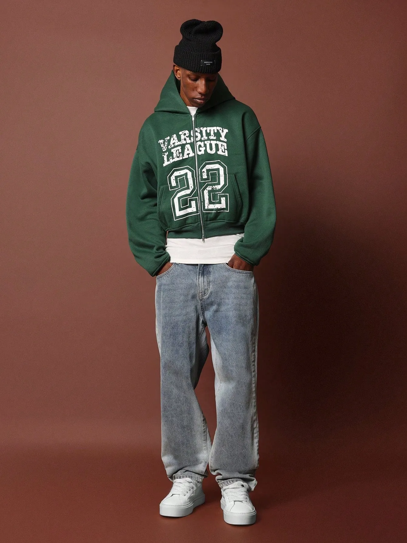 Crop Fit Zip-Up Distressed Graphic Print Hoodie