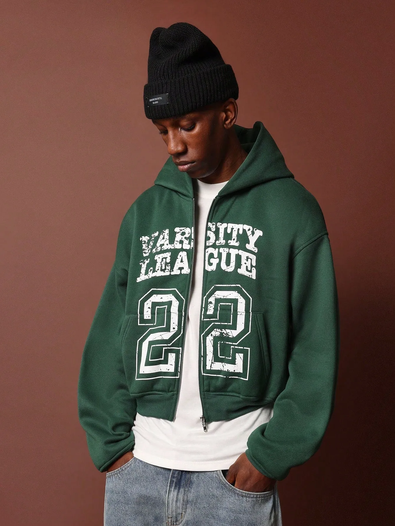 Crop Fit Zip-Up Distressed Graphic Print Hoodie