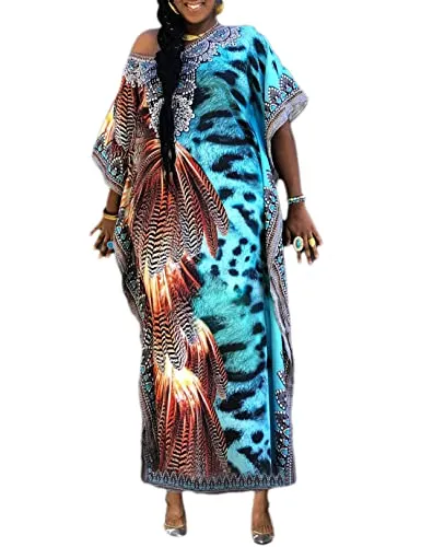 Feather Print Round Neck Beach Kaftan Lounge Dresses