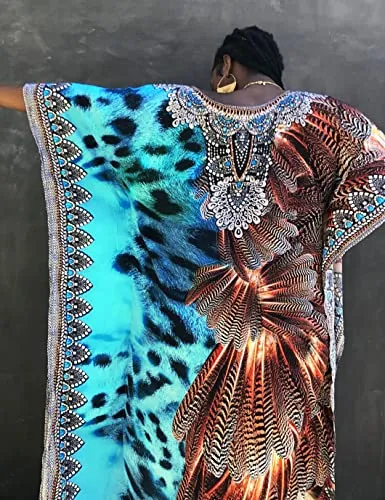 Feather Print Round Neck Beach Kaftan Lounge Dresses