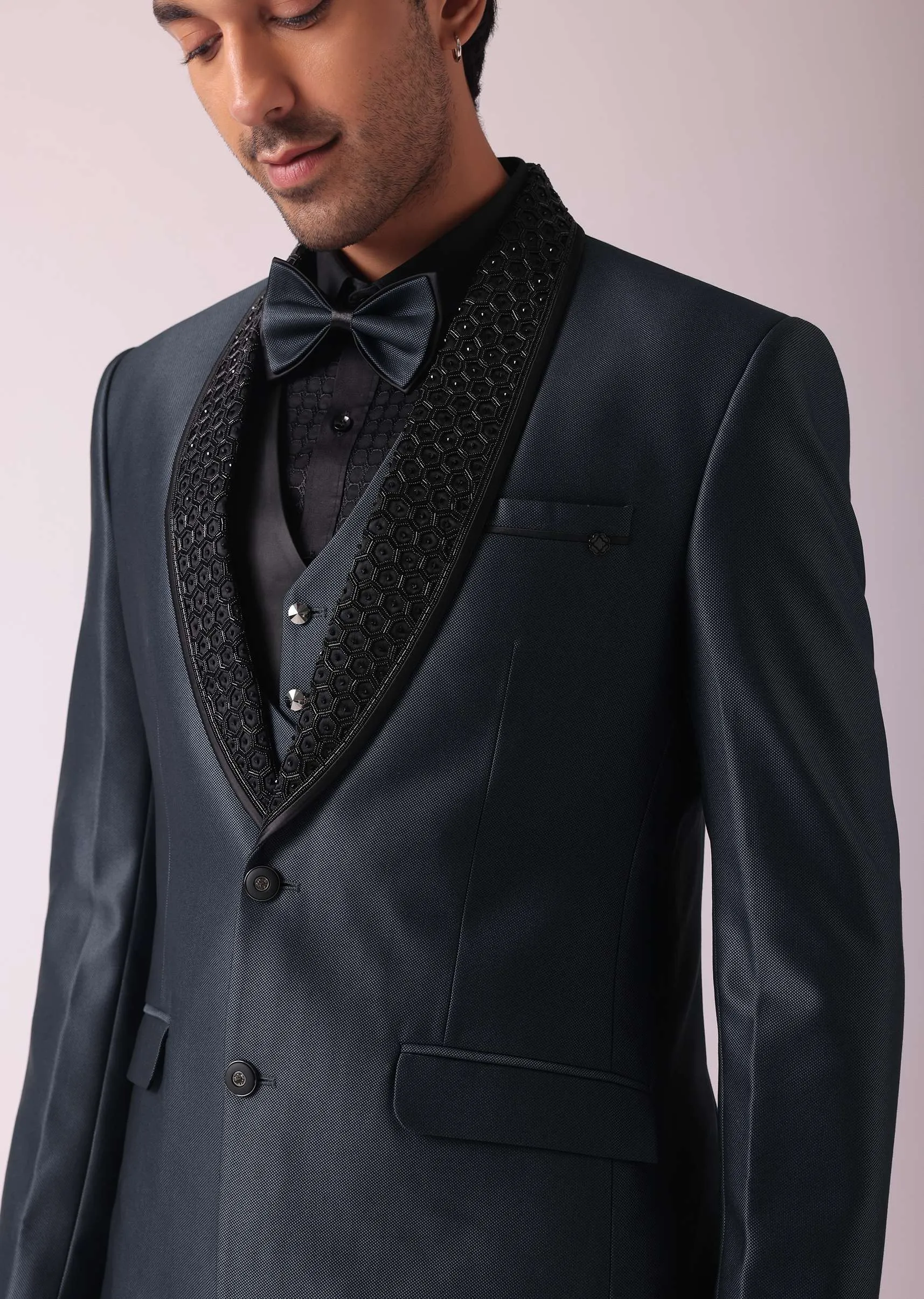 Grey Blazer & Pant Set In Terry Rayon Fabric