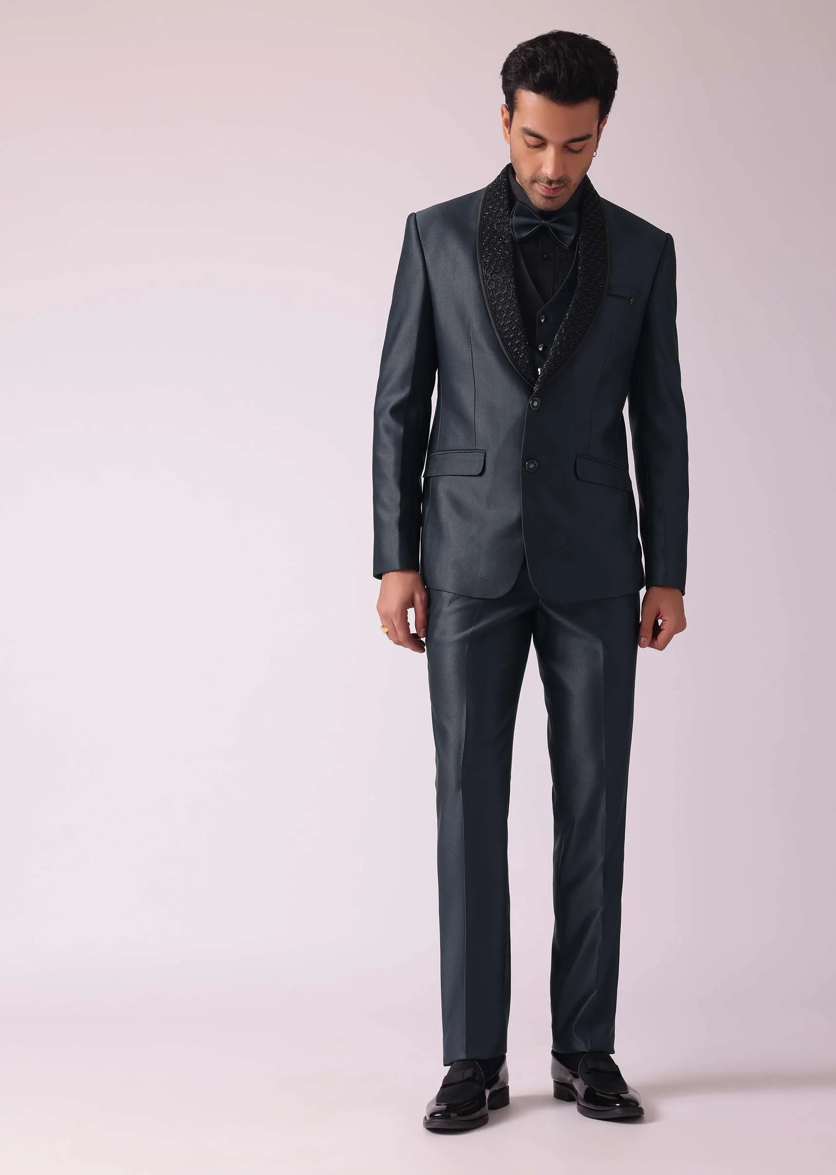 Grey Blazer & Pant Set In Terry Rayon Fabric