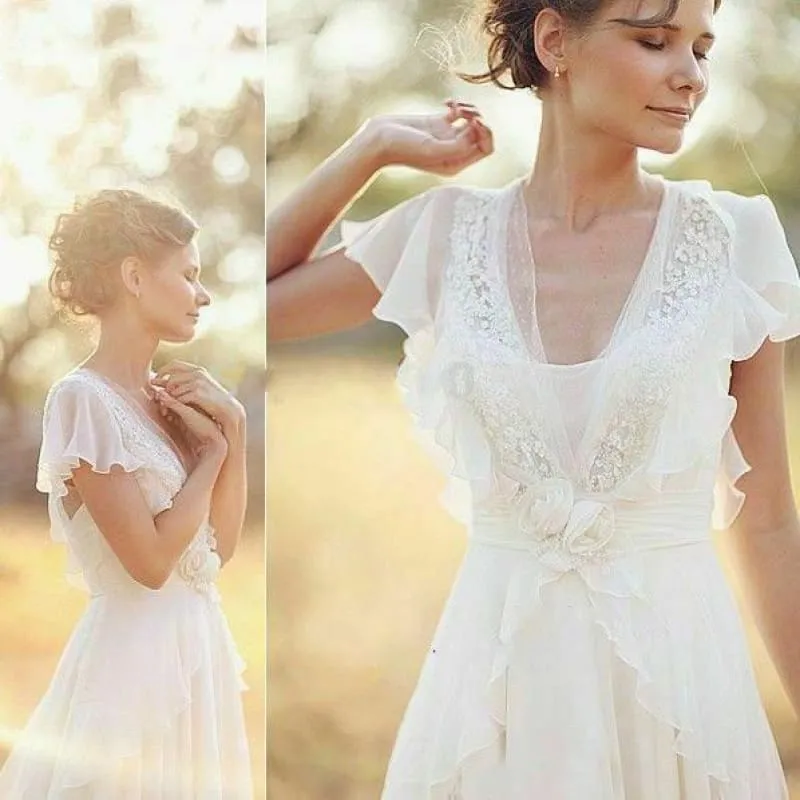 Ivory V Neck Chiffon Boho Unique Cap Sleeves Beach Wedding Dress