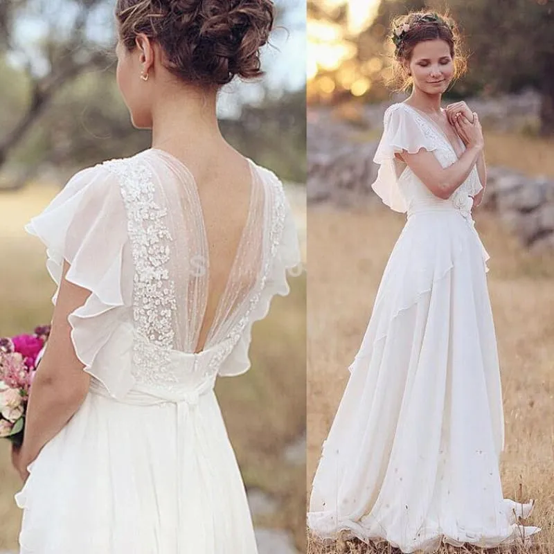 Ivory V Neck Chiffon Boho Unique Cap Sleeves Beach Wedding Dress