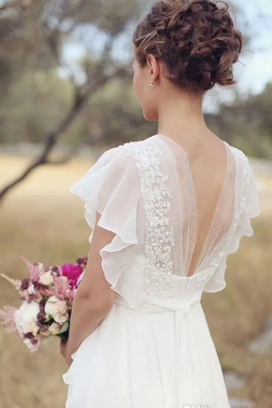 Ivory V Neck Chiffon Boho Unique Cap Sleeves Beach Wedding Dress
