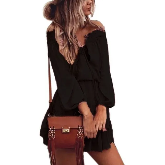 VenusFox Boho Chiffon Slash Neck Long Sleeve Vintage Beach Dress