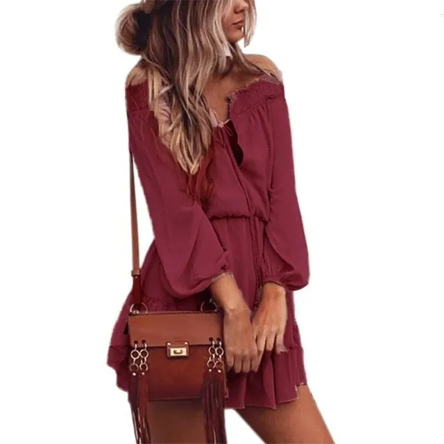 VenusFox Boho Chiffon Slash Neck Long Sleeve Vintage Beach Dress