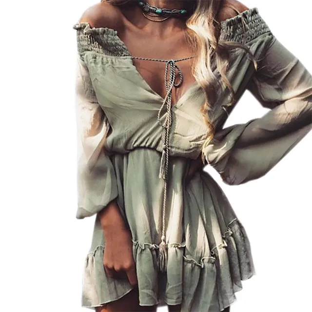 VenusFox Boho Chiffon Slash Neck Long Sleeve Vintage Beach Dress