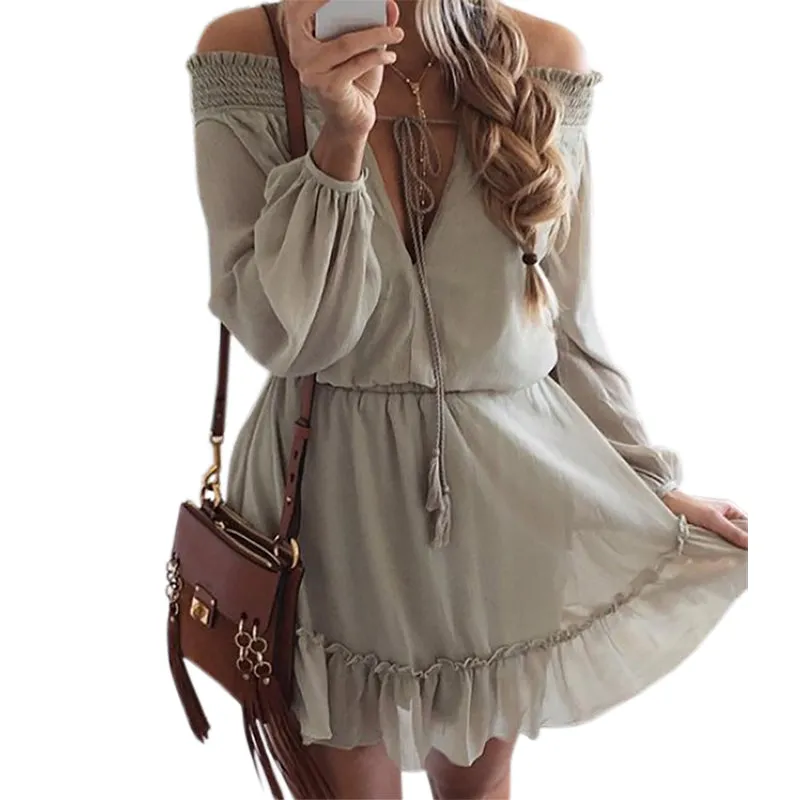 VenusFox Boho Chiffon Slash Neck Long Sleeve Vintage Beach Dress