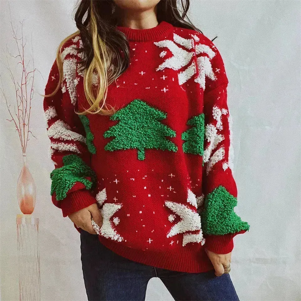 Women's Fashion Christmas Tree Jacquard Round Neck Long Sleeve Pullover Sweater top